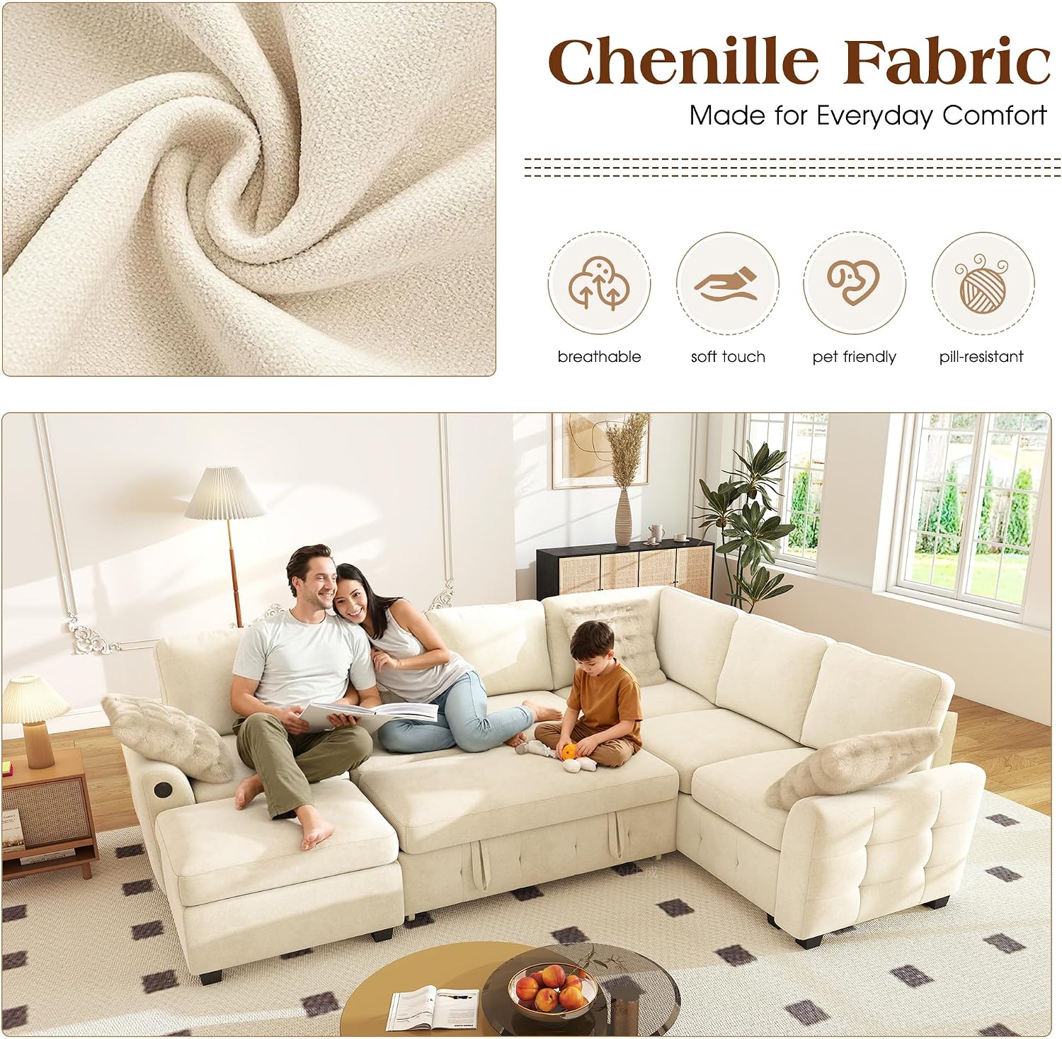 Ihanherry 106-inch Large L-Shaped Sectional Sofa Bed, 7-Seater Convertible Pull Out Sleeper with Storage Ottoman, 4 Pillows & USB Charging Ports, Premium Chenille Fabric for Big Living Room（Beige）
