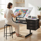 White Adjustable Drafting Table with Stool & 3 Drawers, Tilting Art Desk for Drawing & Crafting, Multi-Functional Study & Office Desk