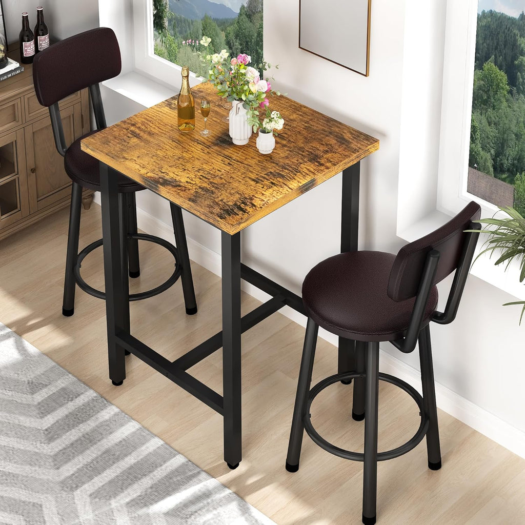 Recaceik 3 Piece Pub Dining Set, Modern bar Table and Stools for 2 Kitchen Counter Height Wood Top Bistro Easy Assemble for Breakfast Nook Living Room Small Space Restaurant, Rustic Brown 24”