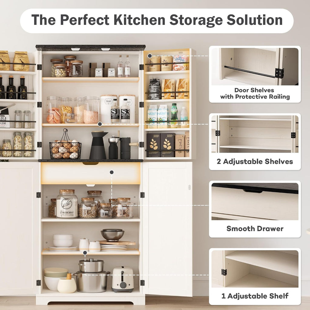 COSIEST 72'' Kitchen Pantry Cabinet, Tall Kitchen Storage Cabinet with Organizer, Drawer and Adjustable Shelves, Freestanding Cupboard, Storage Cabinets for Kitchen, Dining Room, Off White