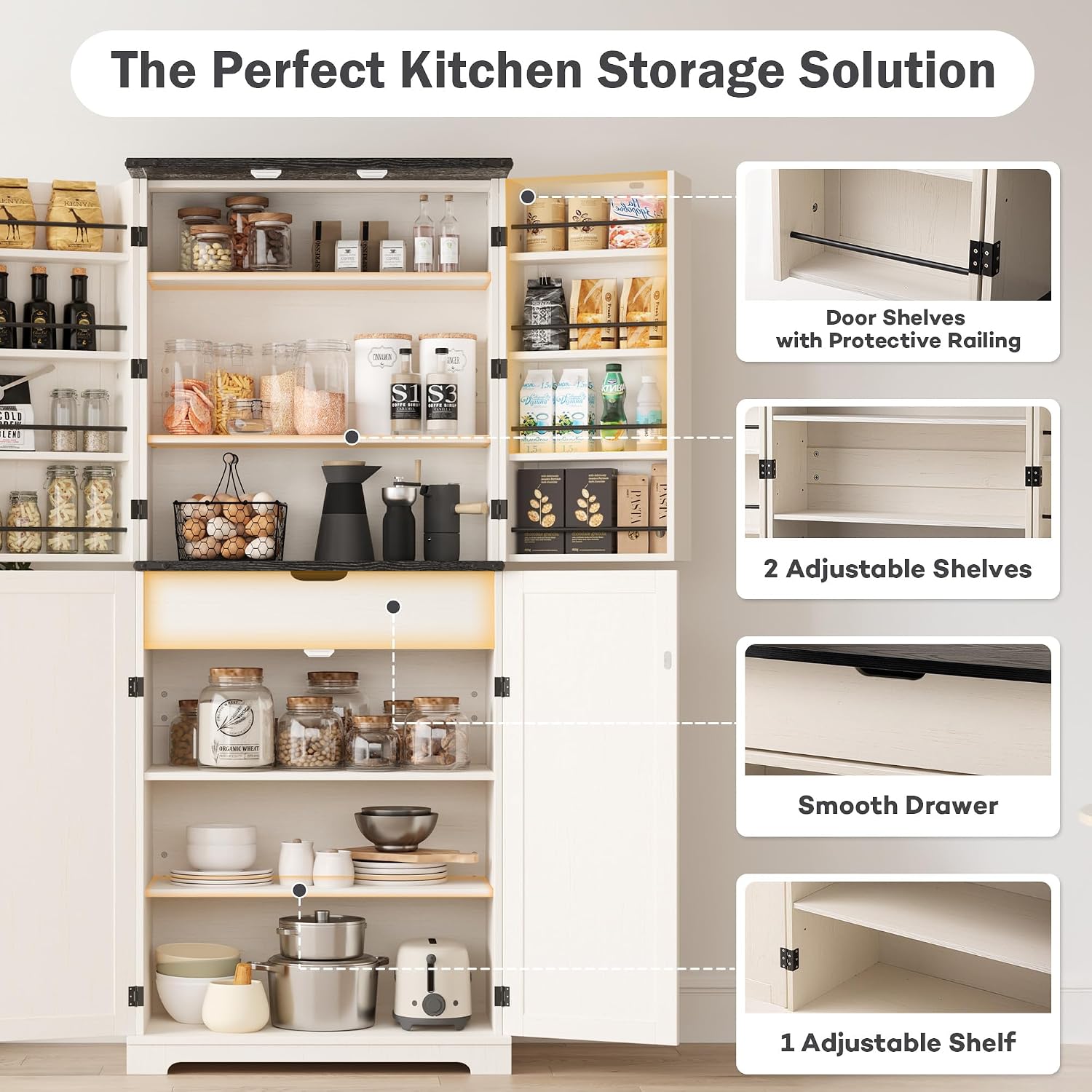 COSIEST 72'' Kitchen Pantry Cabinet, Tall Kitchen Storage Cabinet with Organizer, Drawer and Adjustable Shelves, Freestanding Cupboard, Storage Cabinets for Kitchen, Dining Room, Off White