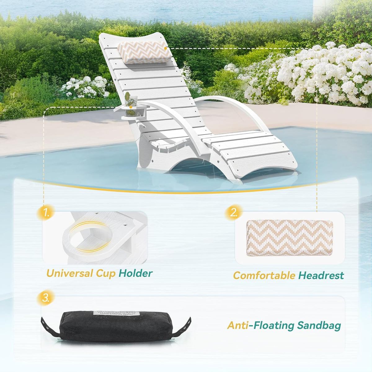 Pool Lounge Chairs Set of 2, Shallow Water 8-10 Inches Deep, HDPS Fade Resistant Pool Tanning Chair with Armrest, Cup Holder, Headrest, 330lbs Capacity, Outdoor Deck Sun Shelf Lounger, White