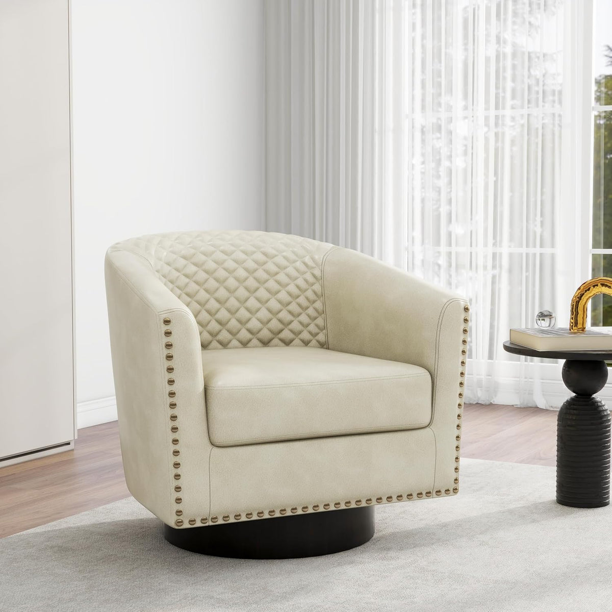 Swivel Barrel Accent Chair Set of 2, Comfy Modern Upholstered Round Faux Leather Arm Chair for Living Room, Bedroom -Beige
