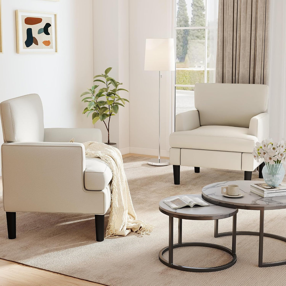 Kromax Accent Chair for Living Room Set of 2, Modern Reading Chair, Beige | Mid-Century Reading Chair for Bedroom, Comfy Upholstered Armchair with Sturdy Legs, Single Sofa Chair for Apartment