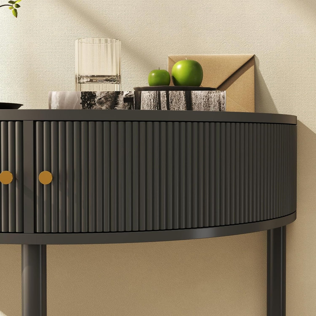 Entryway Table, Artisan-Crafted Half Moon Fluted Console Tables with 2 Rattan Storage,Small Half Circle Tables for Hallway, Narrow Round Accent Decort Table for Living Room (Dark Gray)