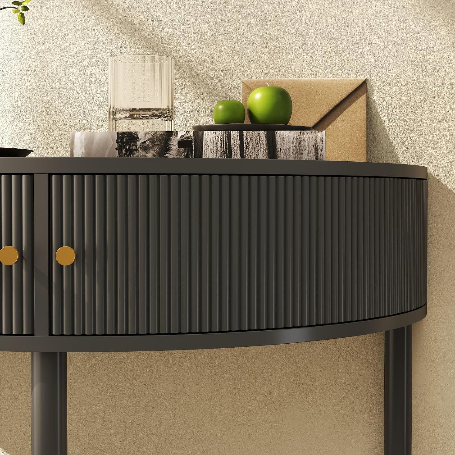 Entryway Table, Artisan-Crafted Half Moon Fluted Console Tables with 2 Rattan Storage,Small Half Circle Tables for Hallway, Narrow Round Accent Decort Table for Living Room (Dark Gray)