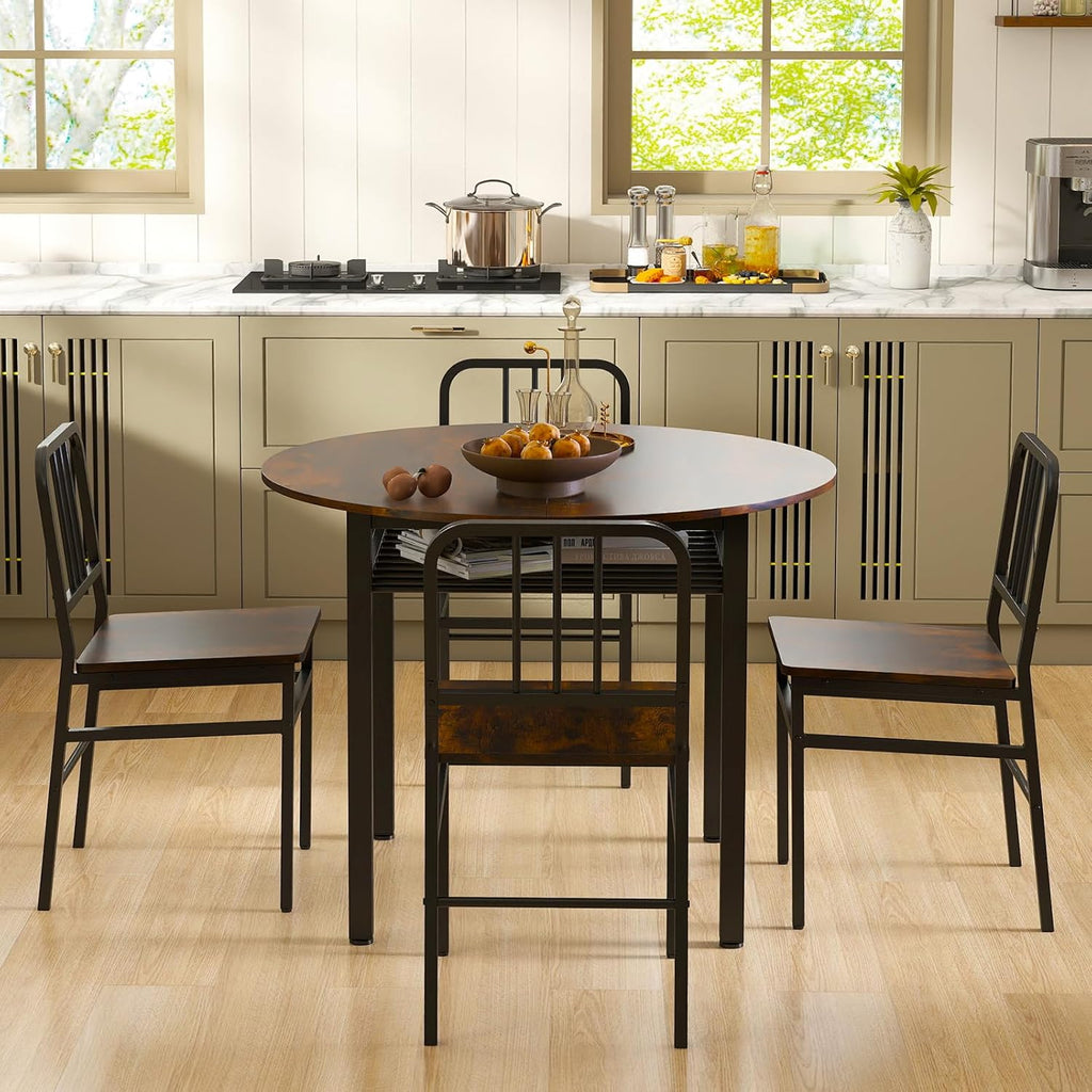 GOFLAME 5-Piece Round Dining Table Set for 4, Space-Saving Kitchen Table and Chairs Set with Storage Shelf, Industrial Wooden Dinette Set for Dining Room, Living Room, Breakfast Nook, Rustic Brown