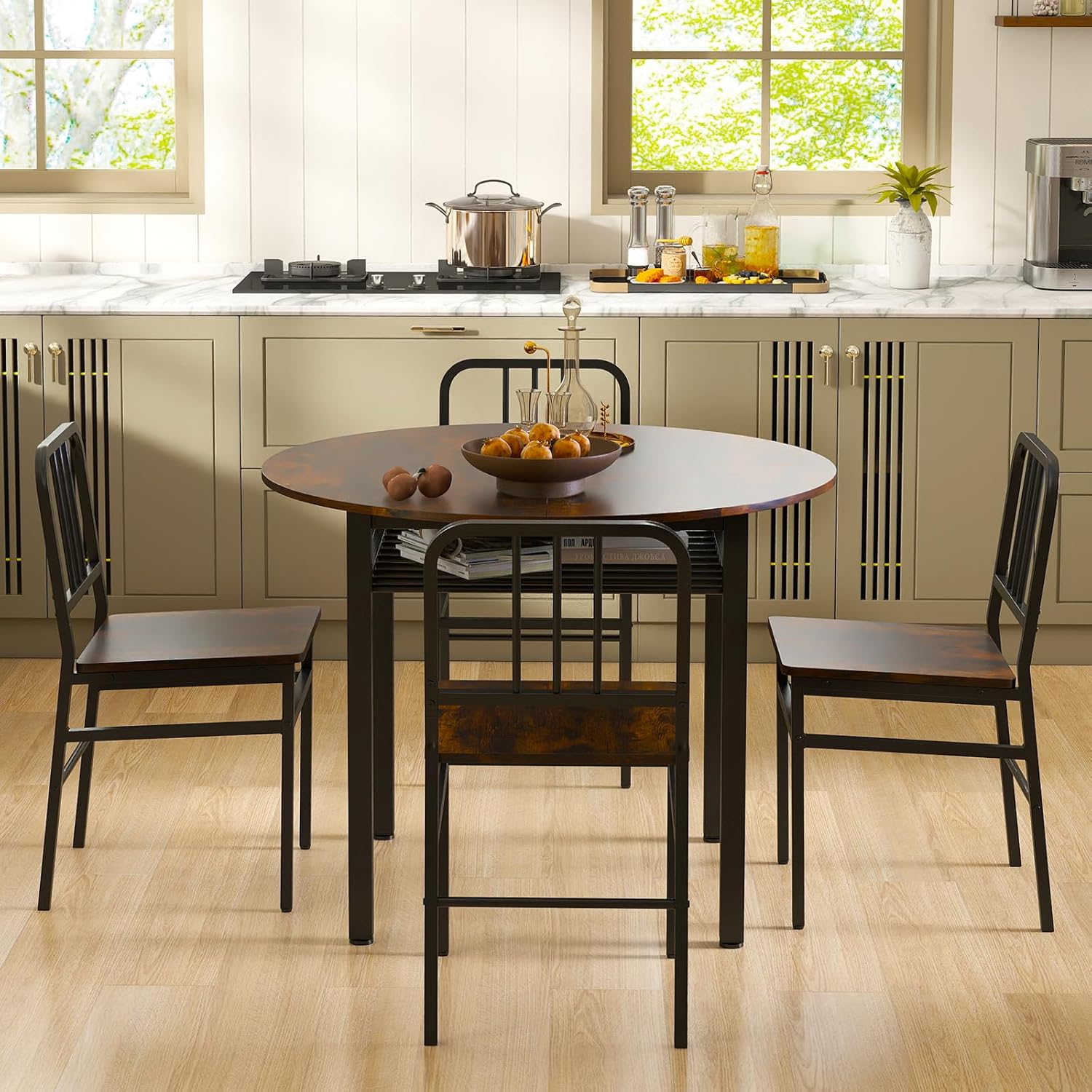 GOFLAME 5-Piece Round Dining Table Set for 4, Space-Saving Kitchen Table and Chairs Set with Storage Shelf, Industrial Wooden Dinette Set for Dining Room, Living Room, Breakfast Nook, Rustic Brown