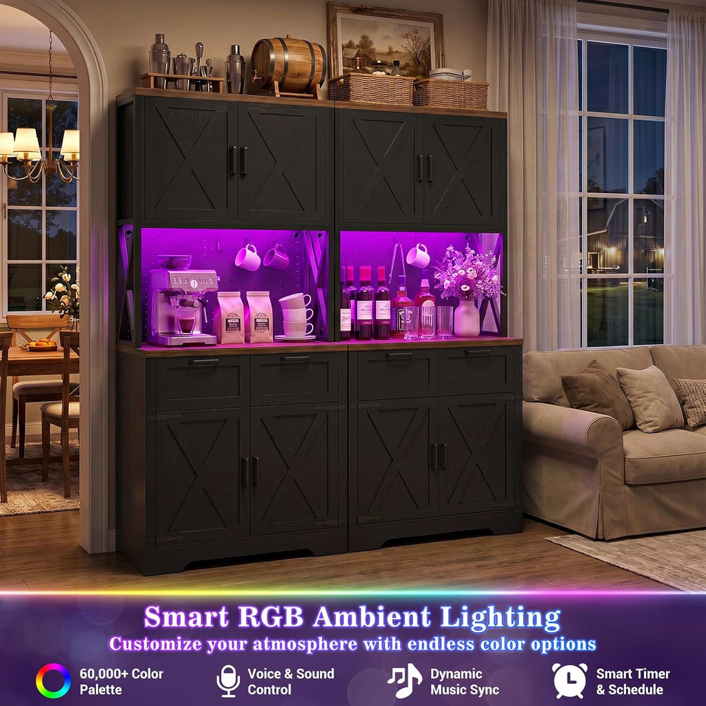 Unikito 71" Tall Kitchen Pantry Storage Cabinet with LED Light, Black | 63" Wide, Microwave Countertop, Power Charging Station, Large Hutch Cabinet with Drawers, Home Unit for Dining Room