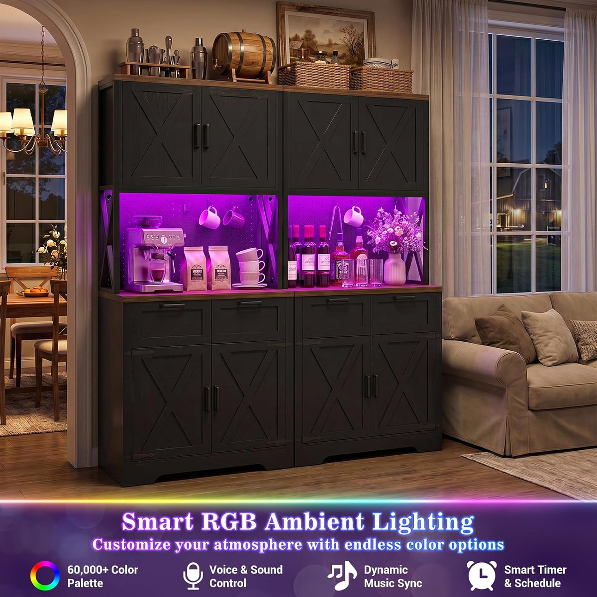 Unikito 71" Tall Kitchen Pantry Storage Cabinet with LED Light, Black | 63" Wide, Microwave Countertop, Power Charging Station, Large Hutch Cabinet with Drawers, Home Unit for Dining Room