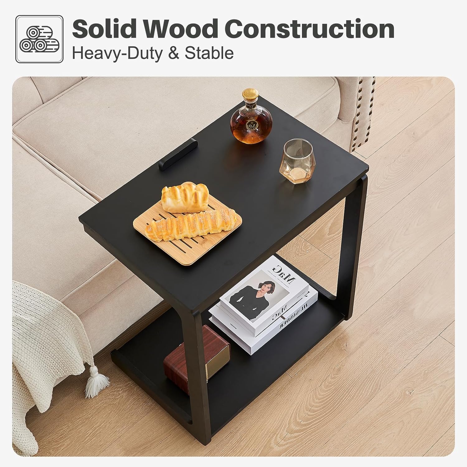 C-Shaped End Table with Wheels - Rolling Side Table for Couch, Solid Wood Modern Adjustable Angles Tv Tray Sofa Tables for Living Room, Bedroom, Home Office, Black, 15.4"D x 23.6"W x 24.8"H