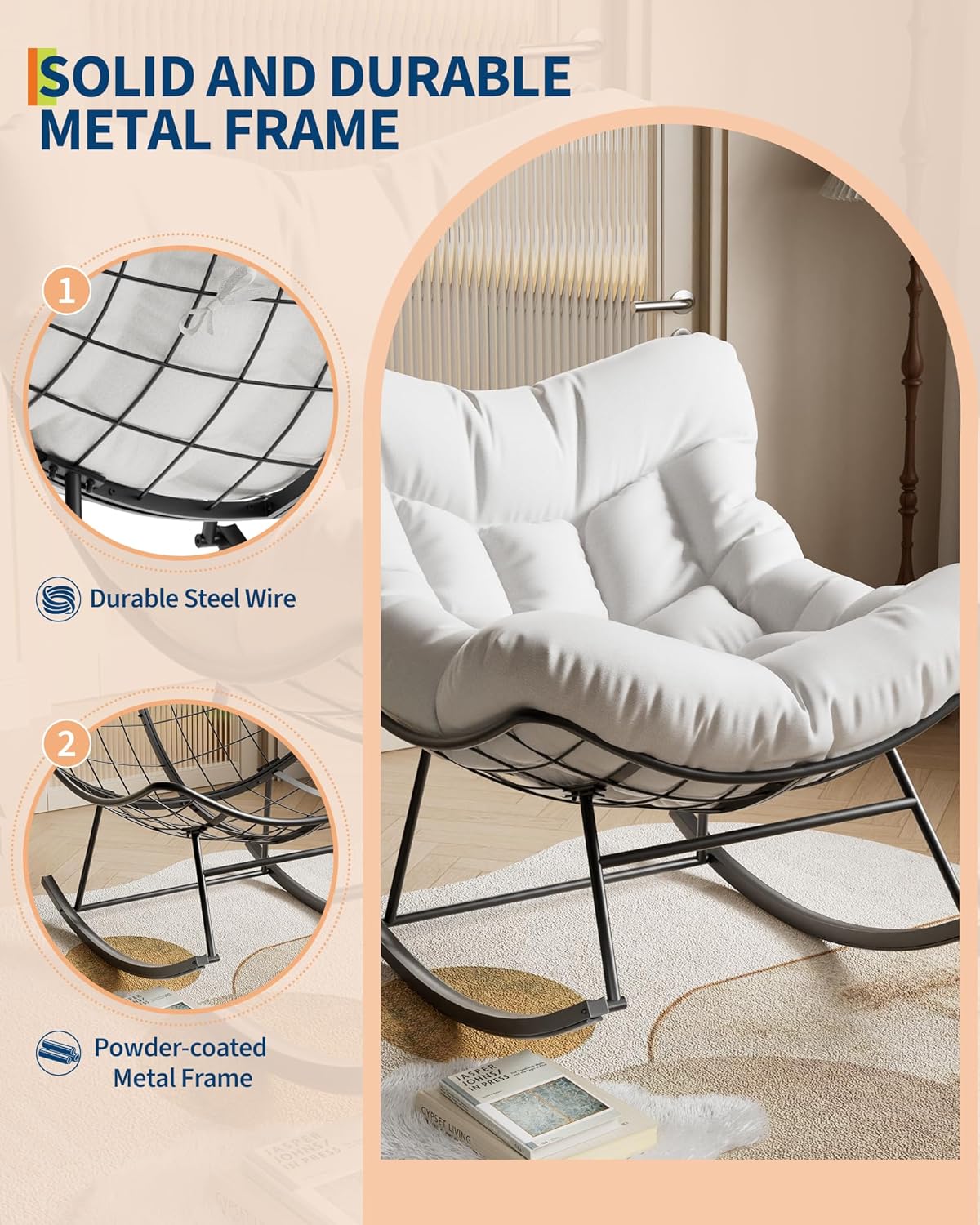 GarveeLife Outdoor Papasan Rocking Chair for Balcony Backyard Porch Bedroom | Oversized Rocking Chair with Sturdy Metal Frame, Patio Egg Rocker (White)