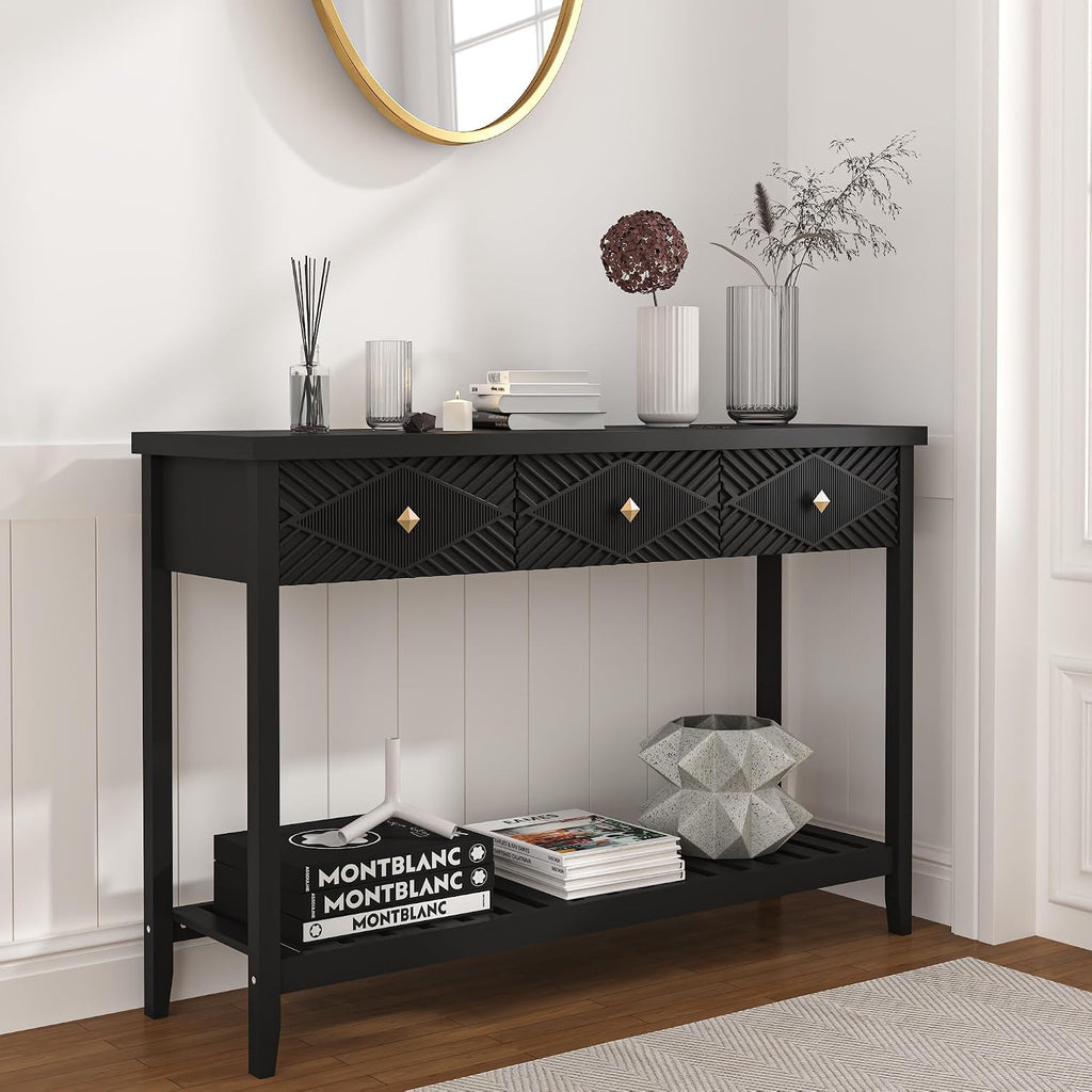 47" Console Table with 3 Drawers, Fluted Wood Entryway Table with Storage Shelf, Narrow Long Sofa Table Modern Behind Couch Accent Table for Living Room, Entryway, Hallway, Foyer