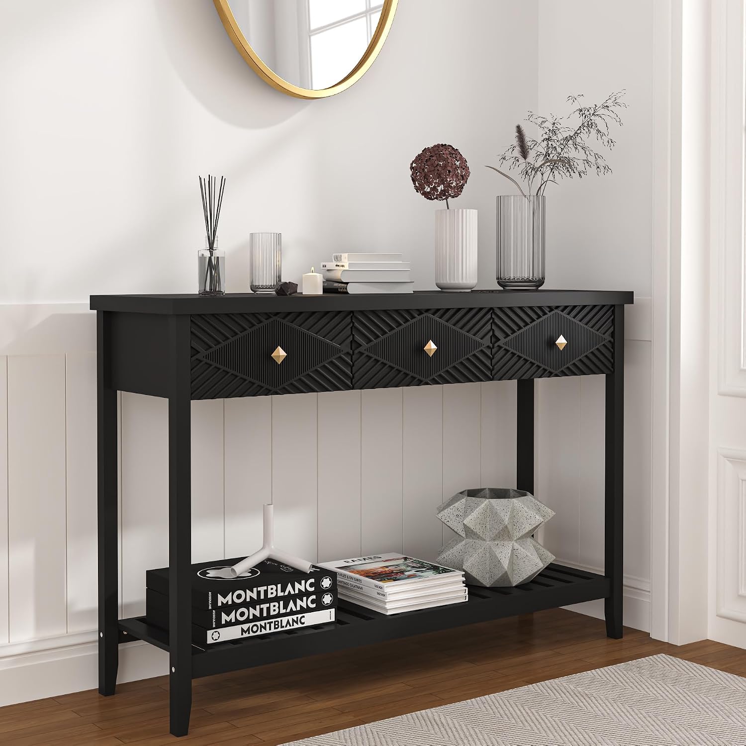 47" Console Table with 3 Drawers, Fluted Wood Entryway Table with Storage Shelf, Narrow Long Sofa Table Modern Behind Couch Accent Table for Living Room, Entryway, Hallway, Foyer