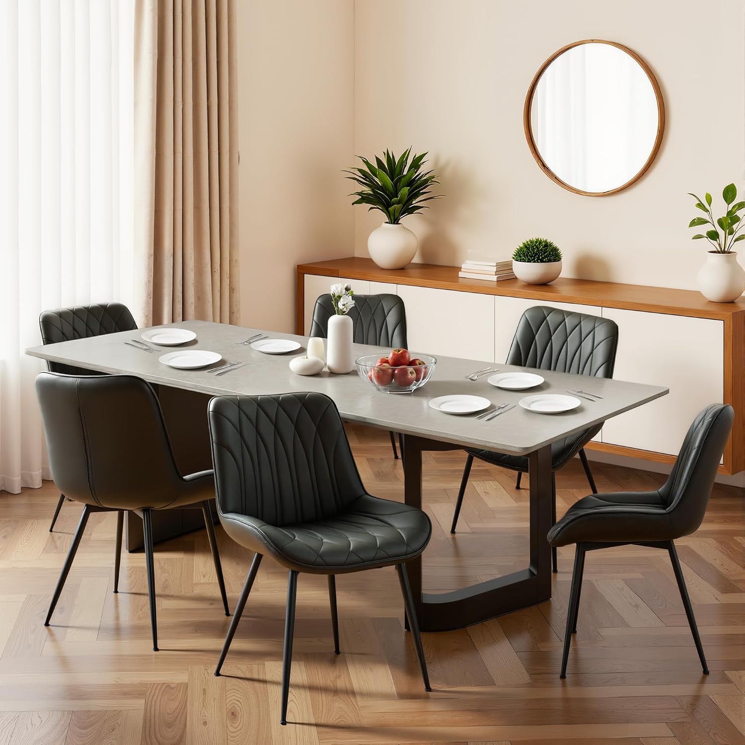 GarveeHome Dining Chairs Set of 6, Modern Dining Room Chairs with Thick Cushions, Upholstered Faux Leather Cushion Seat and Sturdy Metal Legs, Kitchen Side Armless Chair Black