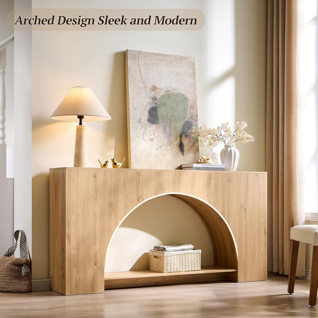 IFGET 63" Arched Console Table, 2-Tier Modern Entryway Table with Arched Base, Narrow Long Wood Sofa Table Behind Couch Table for Living Room, Hallway, Foyer, Natural
