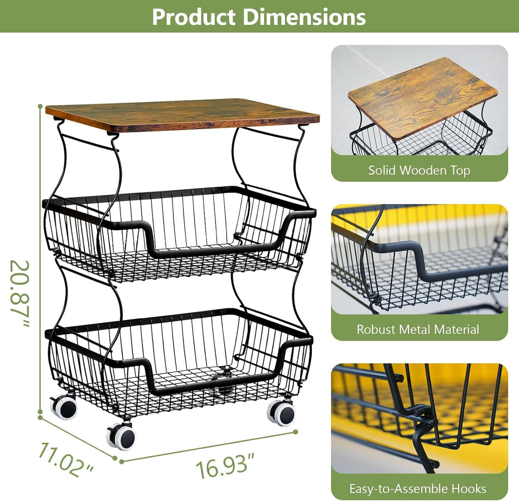 Pantry Floor Organizeron with Wheels, 3 Tier Rolling Fruit Vegetable Basket for Kitchen Stackable Wire Basket Stand for Home Removable Metal Vegetable Rack Wire Snack Cart