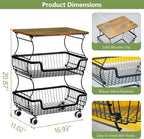 Pantry Floor Organizeron with Wheels, 3 Tier Rolling Fruit Vegetable Basket for Kitchen Stackable Wire Basket Stand for Home Removable Metal Vegetable Rack Wire Snack Cart