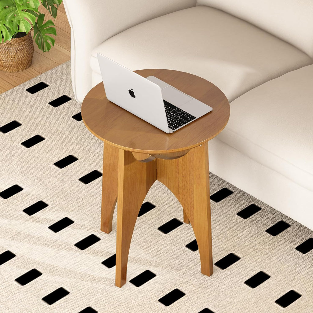 Round Side Table Living Room, Solid Wood End Table, Mid Century Modern Small Coffee Side Tables for Small Spaces, Farmhouse Accent Tables, Round Nightstand for Living Room, Bedroom Office, Walnut