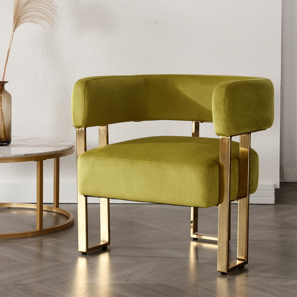 Modern Barrel Accent Chair, Living Room Side Chair with Golden Metal Legs, Soft Velvet Reading Armchair for Bedroom, Upholstered Club Chair for Reception Room/Lounge/Office, Olive