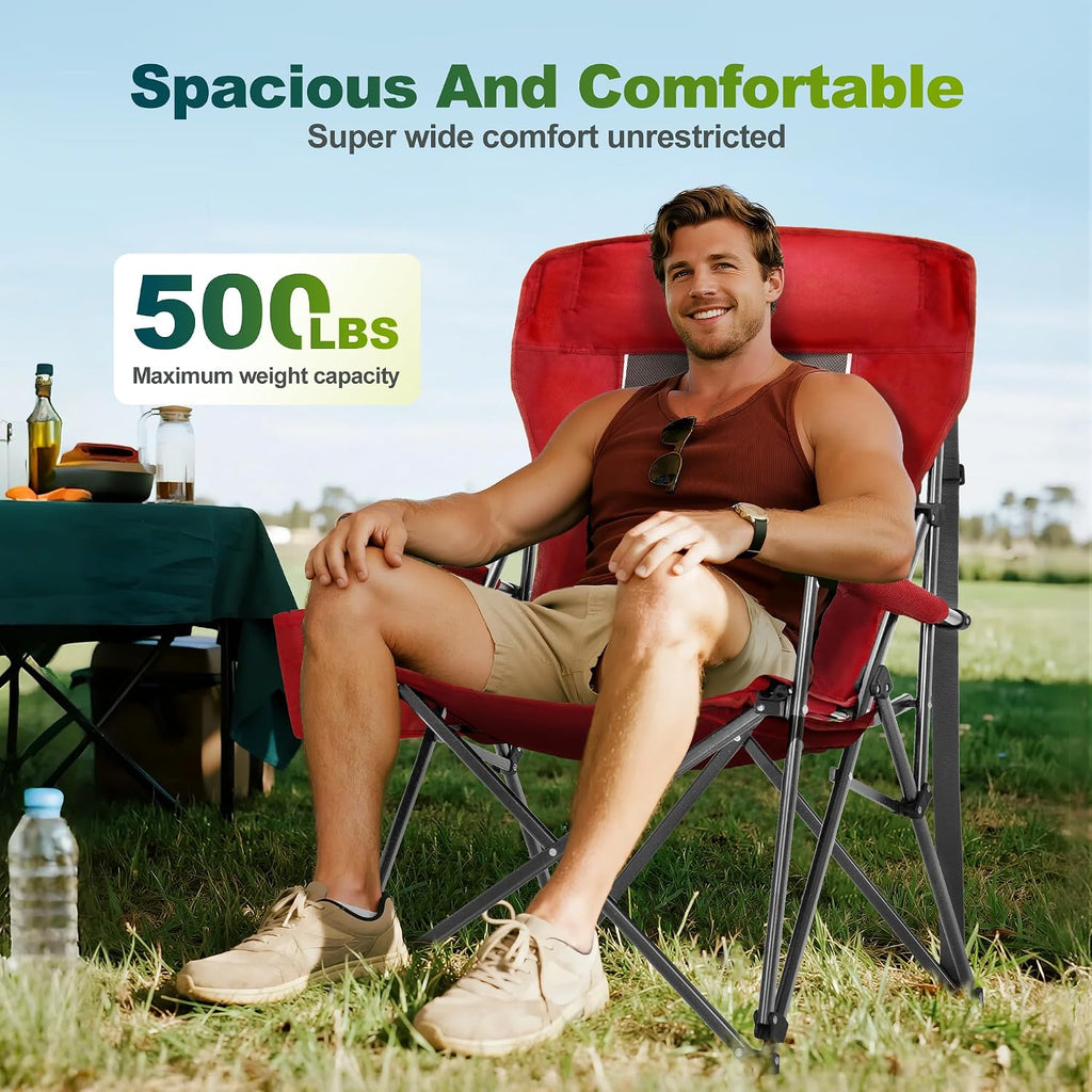 ALPHA CAMP Oversized Folding Camping Chairs for Adults High Backrest Heavy Duty Lawn Chairs Support 500 LBS Portable Camp Chairs with Cup Holders Large Side Pocket Outdoor Chair