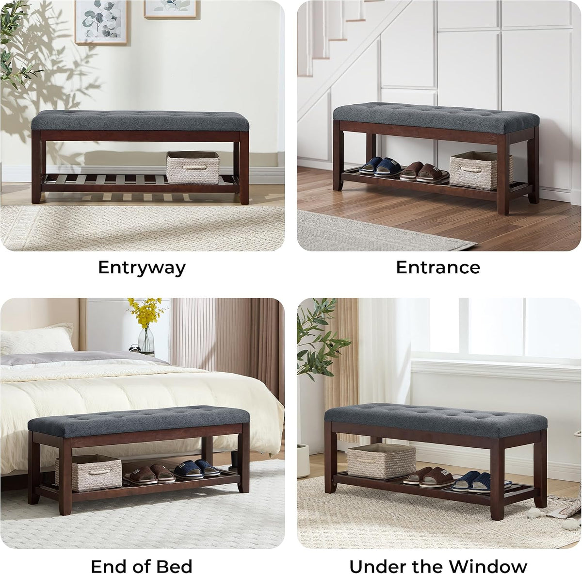 Shoe Bench Entryway, 44" End of Bed Bench,Upholstered Linen Bench for Living Room,Fabric Ottoman Bench with Solid Wood Shelf for Bedroom, Entrance Darkgrey