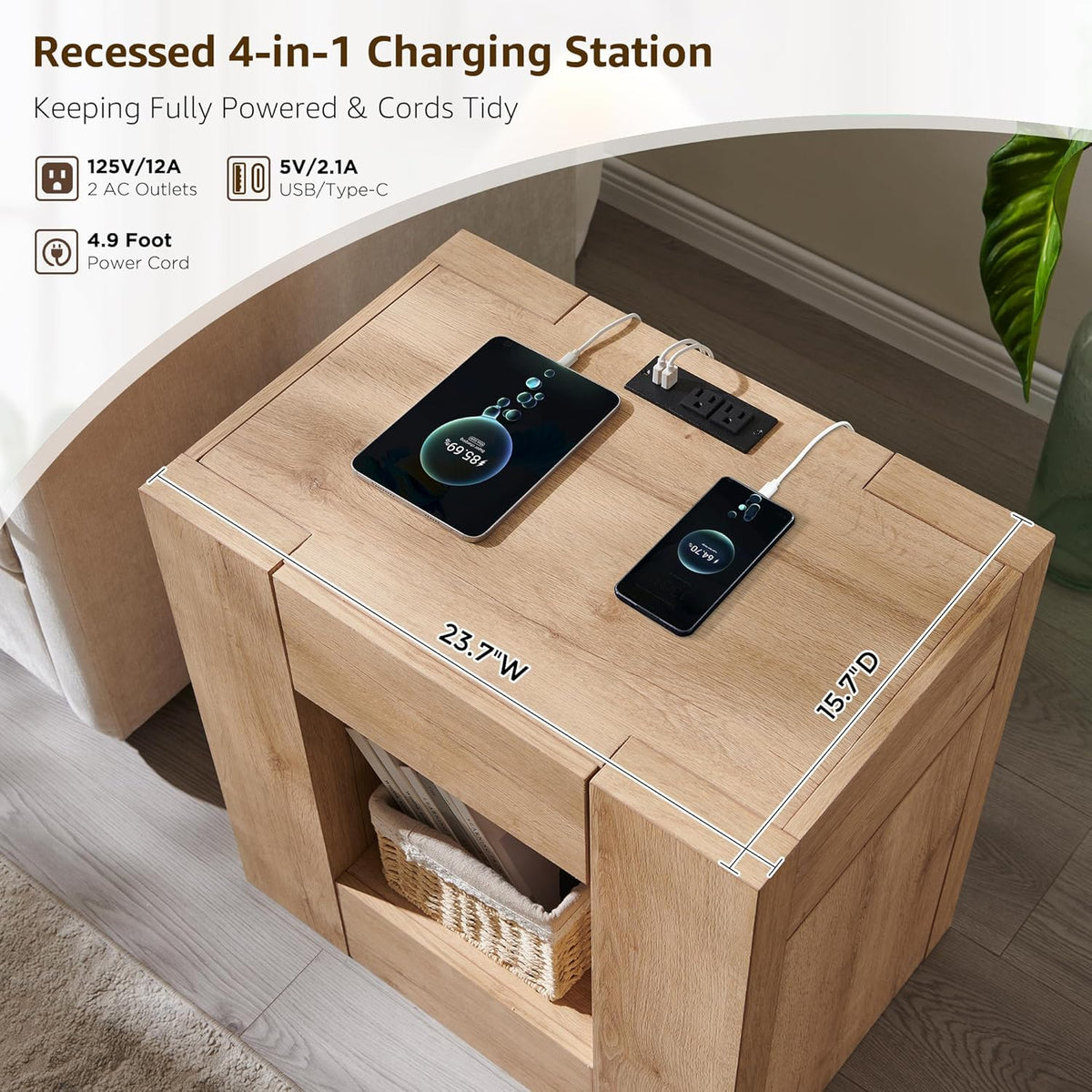 OKD 24'' Modern Nightstands Set of 2, Large End Table with Charging Station & Drawer Storage, Rustic Bedside Table for Bedroom, Living Room, Wood Thick Design, Natural Oak