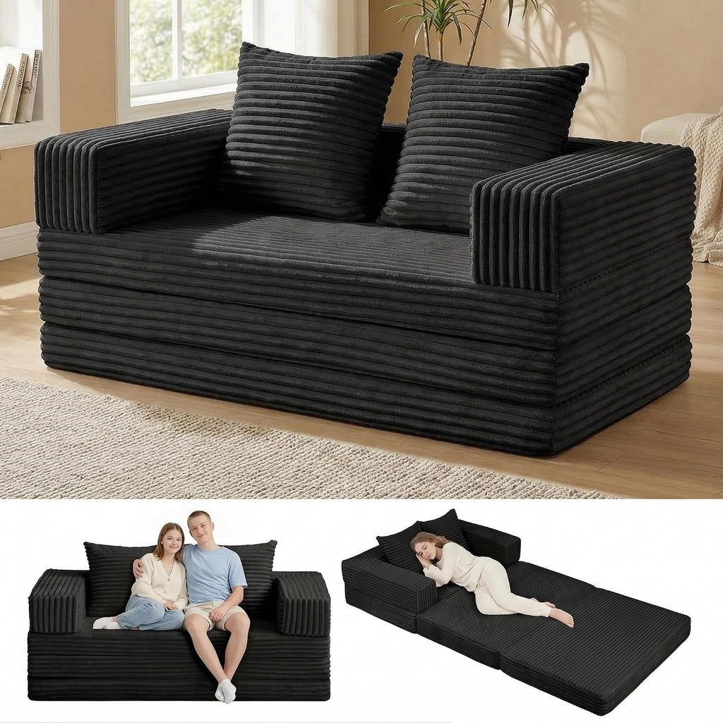 Convertible Sofa Bed, 4-in-1 Loveseat with Removable Armrests Backrest, Corduroy Futon Couch Bed with Pillow, Foldable Mattress Sleeper Sofa for Living Room Bedroom Small Place (Black)