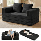 Convertible Sofa Bed, 4-in-1 Loveseat with Removable Armrests Backrest, Corduroy Futon Couch Bed with Pillow, Foldable Mattress Sleeper Sofa for Living Room Bedroom Small Place (Black)