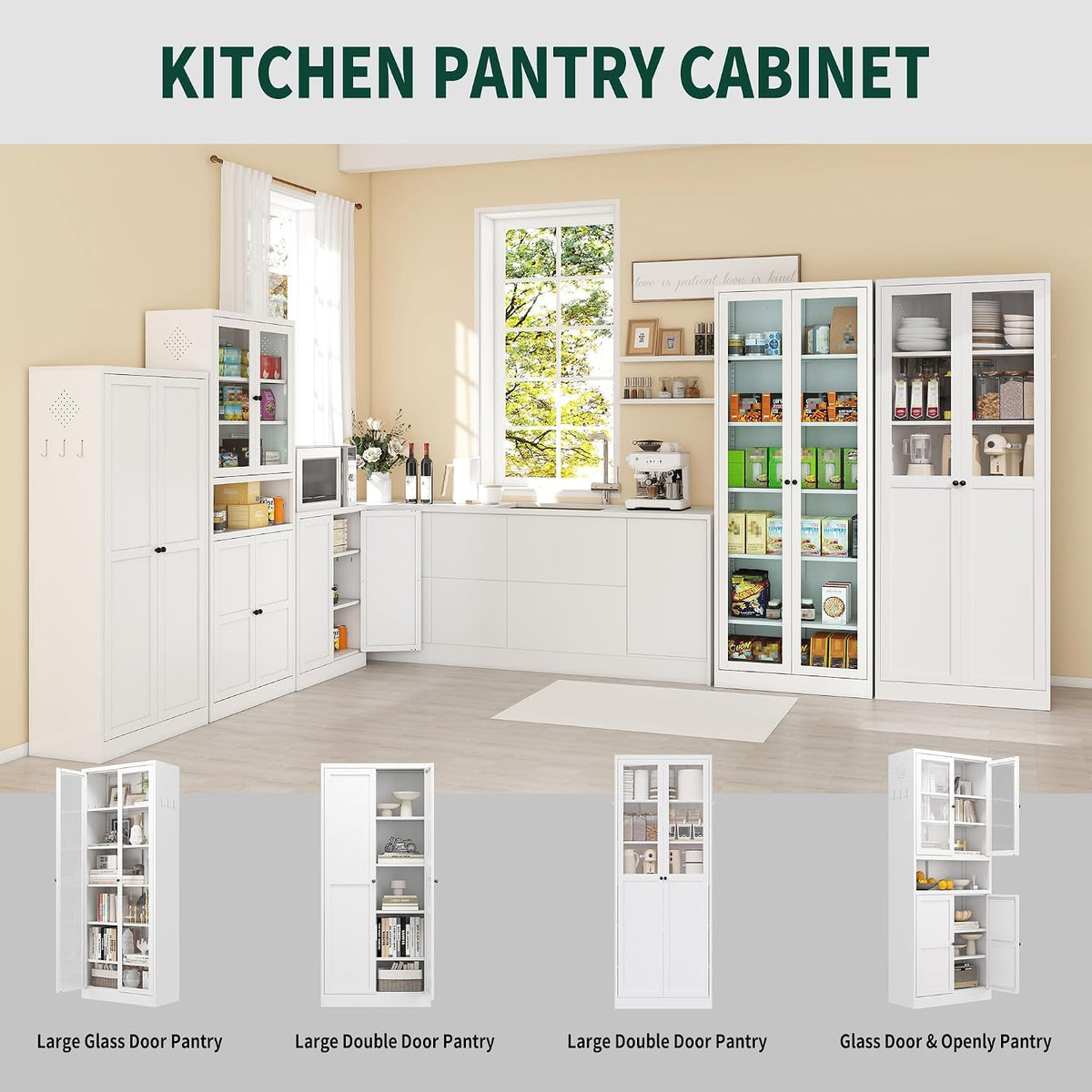 Kitchen Pantry Cabinet, 72" Tall Farmhouse Storage Cabinet, Kitchen Storage Cabinet with with Glass Doors and 5 Shelves, Cupboards Storage Shelf for Dining Room Use, Assembly Required