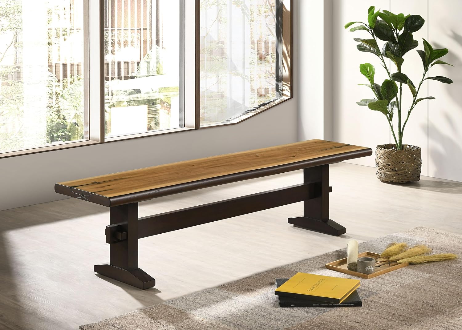 Coaster Home Furnishings - Bexley - 70-Inch Wood Dining Bench - Rustic Farmhouse Trestle Design - Kitchen, Dining Room - Natural Honey & Smoky Black - 110333