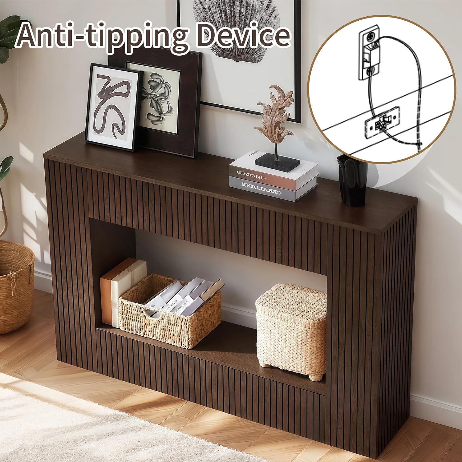 LKTART 55.12" Console Table for Entryway, Narrow Long Solid Wood Veneer Fluted Entryway Table Sofa Table Behind Couch Tables with 2-Tier Storage Shelves for Hallway, Living Room, Foyer, Walnut