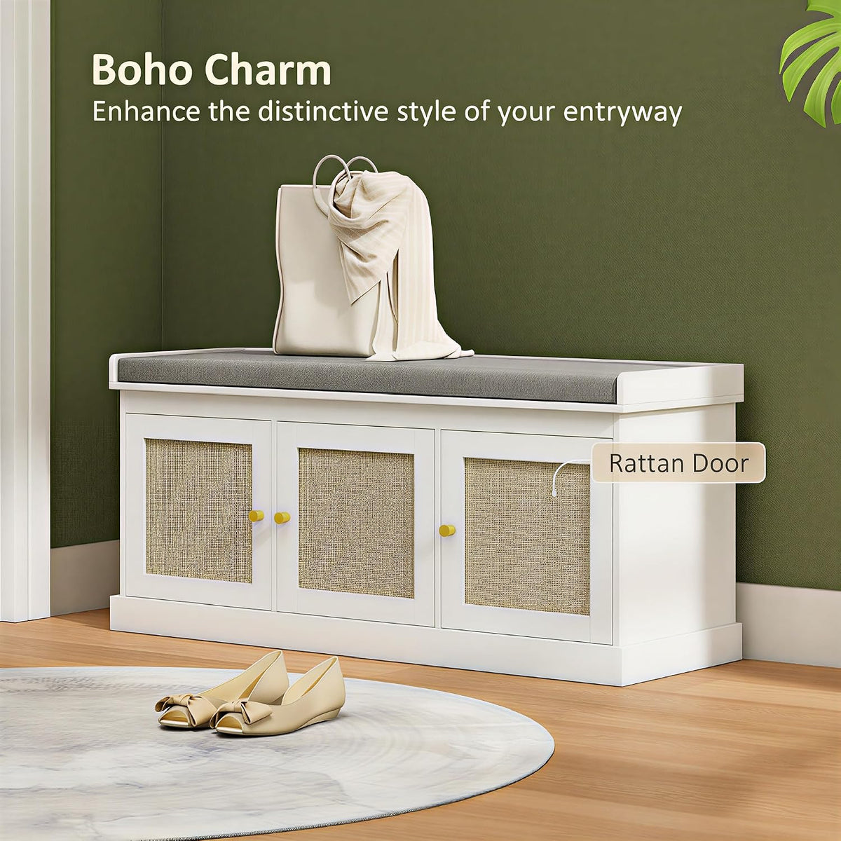 HOMCOM Shoe Bench with Woven Rattan Doors, Shoe Storage Bench with Cushion, Adjustable Shelves for 9 Pairs, Boho Style Entryway Bench for Bedroom, Living Room, 13.8 x 41.3 x 18.5 Inches, White