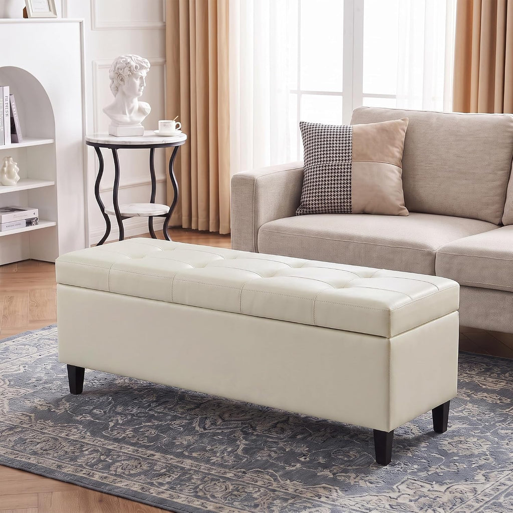50.5 Inch Storage Ottoman Bench, Faux Leather Tufted Upholstered Bedroom Bench with Safety Hinges, Supports 300 lbs, Large Storage Bench for Living Room, Entryway (Cream)