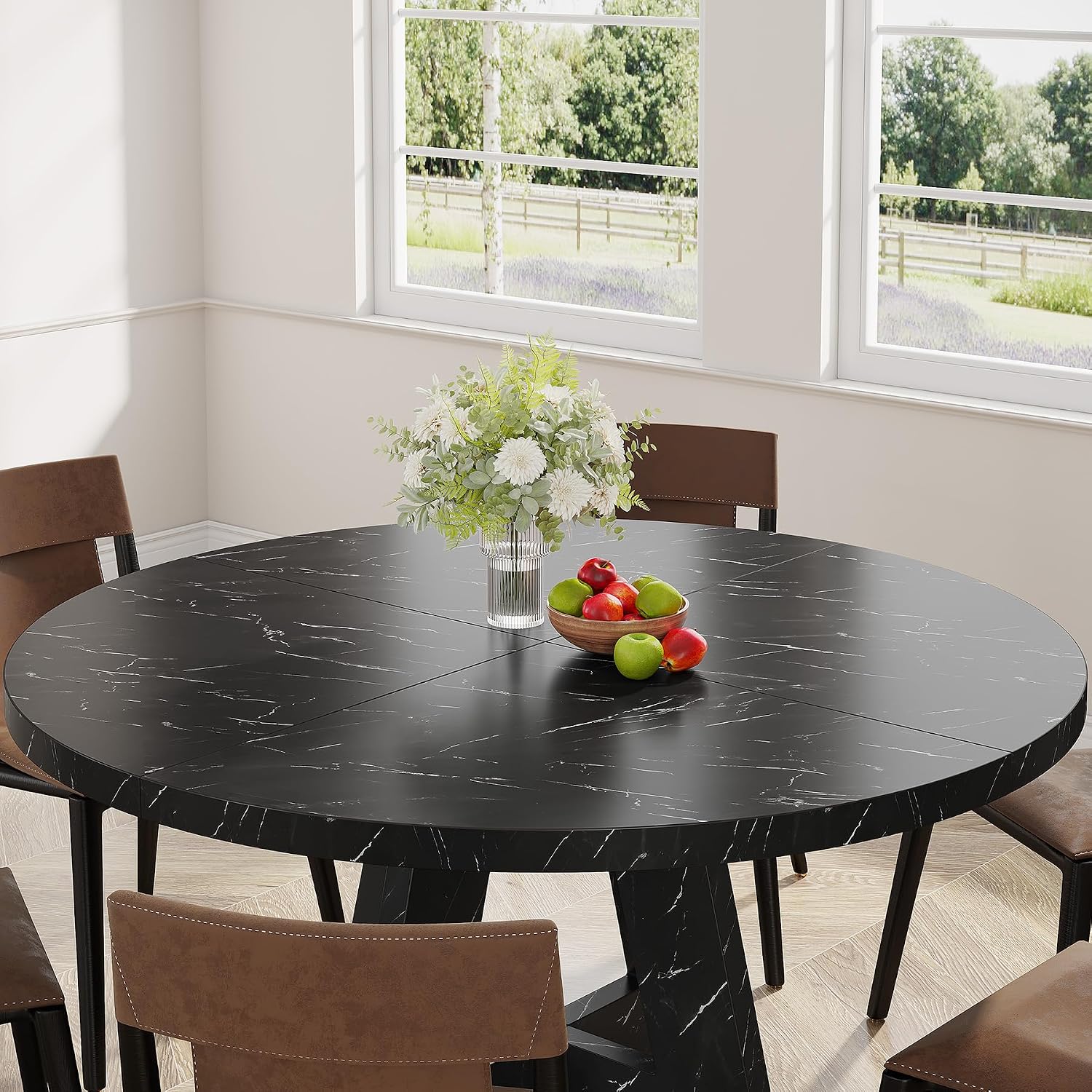 Tribesigns 47 inch Round Dining Table Wood Kitchen Table for Dining Room, 47" Dinner Room Tables for 4-6, Farmhouse Accent Furniture with Wooden Tabletop and Cross Base, Marbled Wood