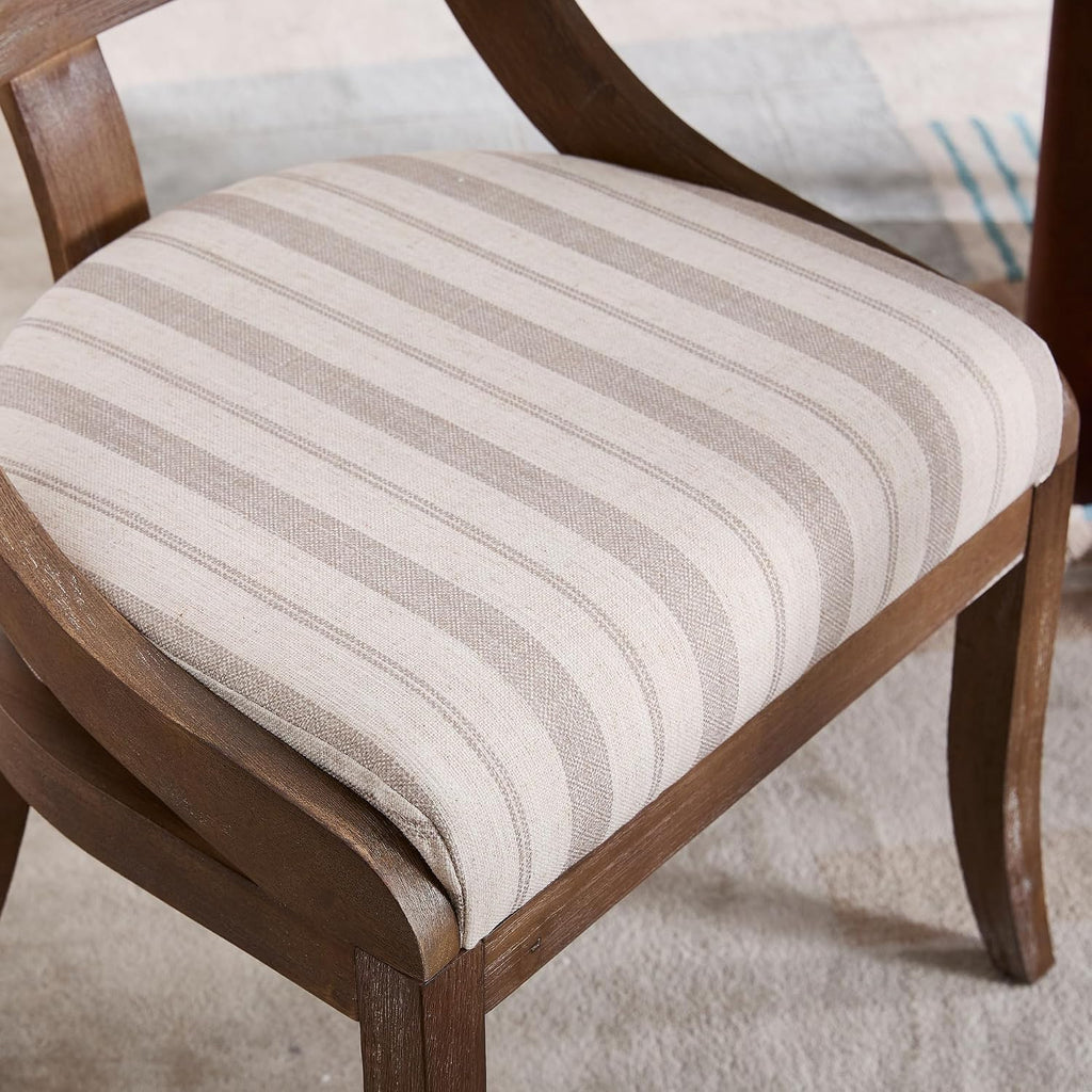 LZAREAL Modern Farmhouse Dining Chairs Set of 4 Mid Century Upholstered Dining Chair with Wooden Curved Back Kitchen Chairs for Dining Room Restaurant Cafe, Brown Walnut Colored-Linen Khaki Stripe