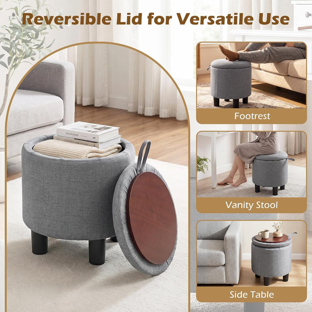 GIANTEX Round Storage Ottoman with Removable Lid & Sturdy Legs, Gray | Linen Fabric Upholstered Ottoman Foot Stool, Small Foot Rest for Living Room, Bedroom
