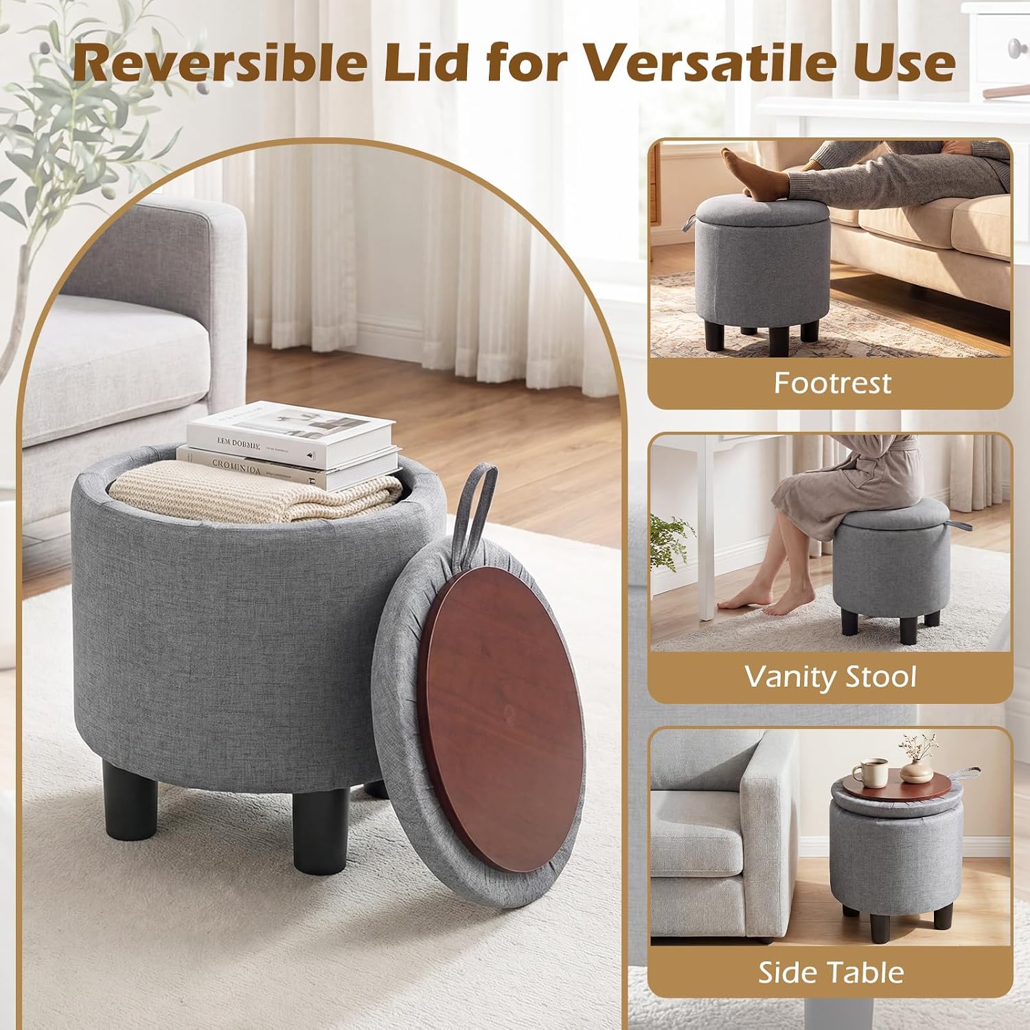 GIANTEX Round Storage Ottoman with Removable Lid & Sturdy Legs, Gray | Linen Fabric Upholstered Ottoman Foot Stool, Small Foot Rest for Living Room, Bedroom