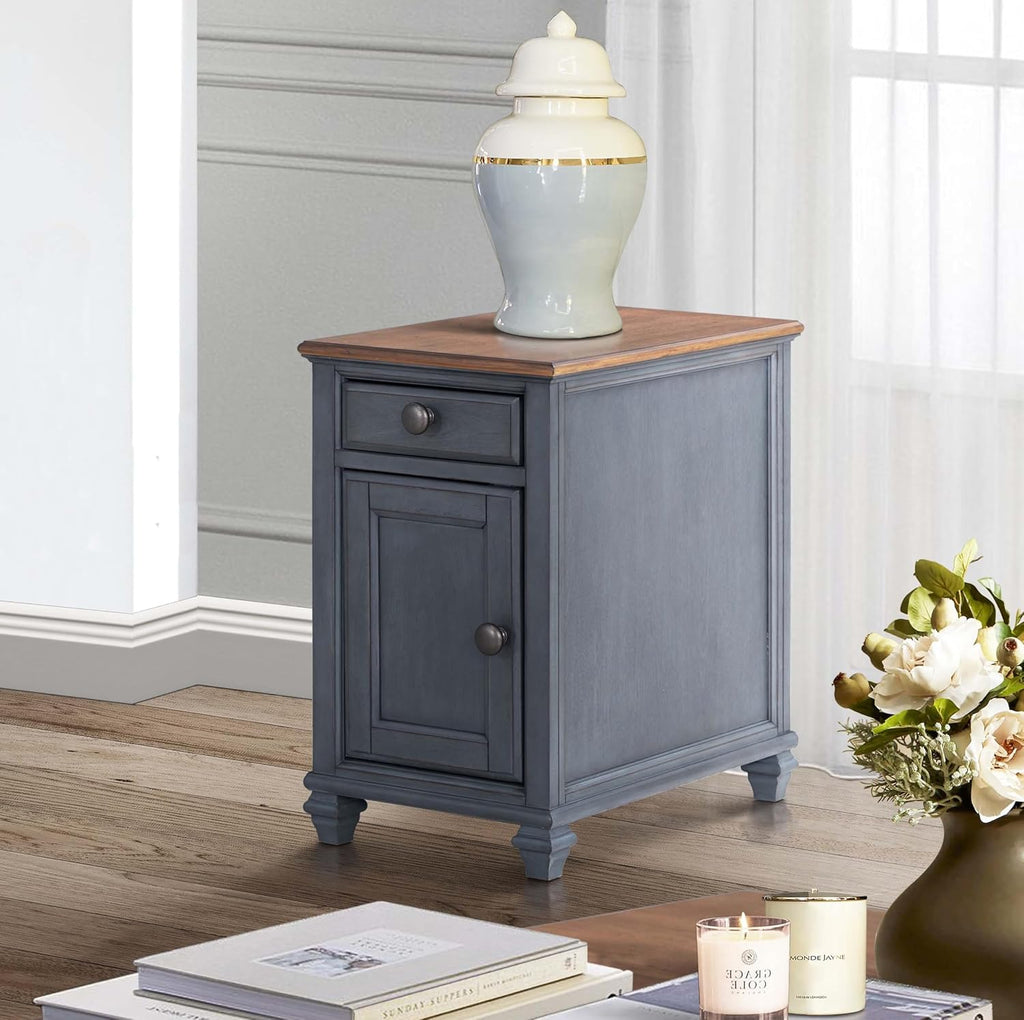 Bridgevine Home Americana 14” Chairside Table – Narrow Farmhouse End Table with Drawer & Cabinet Storage, Fully Assembled Accent Table, Corduroy Blue Finish, Antique Pewter Hardware