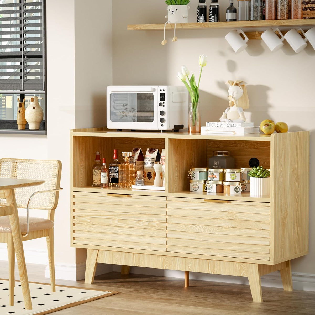 Fluted Buffet Sideboard Oak, Modern Storage Cabinet w/Cord Cutout, Accent Cabinet with Solid Wood Legs, Console Table w/Swing Doors & Open Shelves, Credenza for Living Room, Hallway, Entryway