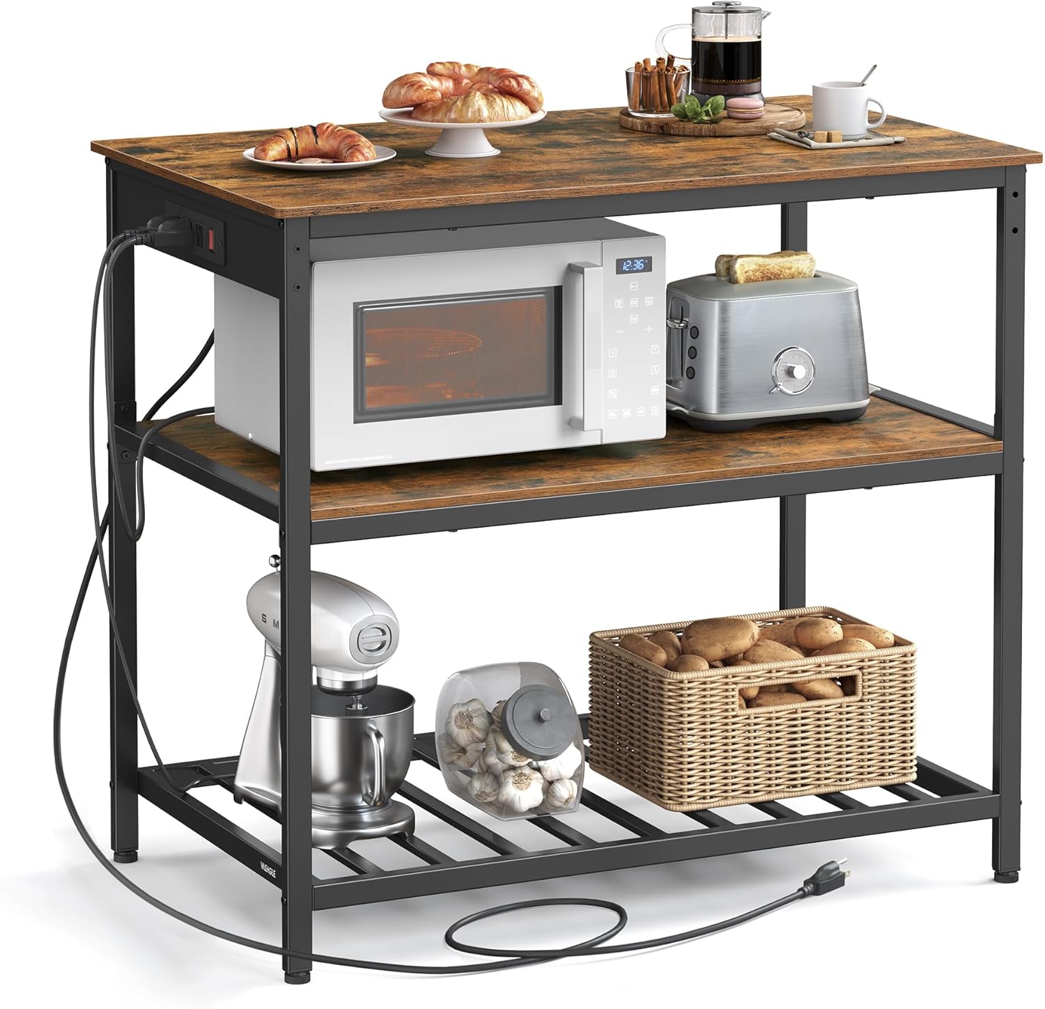 VASAGLE Kitchen Island with 3 Shelves, Storage Cabinet, Steel Structure | Kitchen Shelf with Large Wooden Worktop, 39.4 Inches Width, Rustic Brown and Matte Black, BARNET Collection UKKI105K01