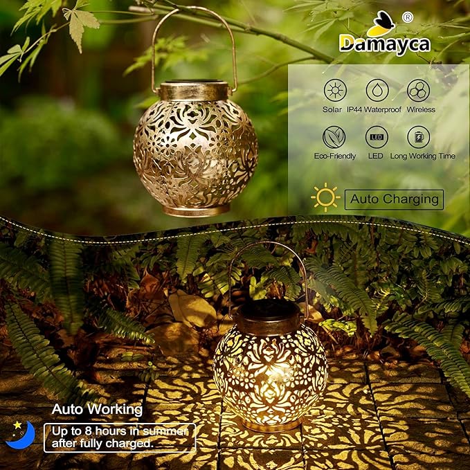 Set of 2 Solar Lanterns Outdoor Hanging Decorative Lights for Garden Patio Porch Decorations. (Bronze)