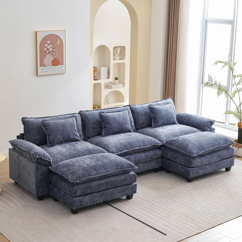 Oprisen 120" Modular Sectional Sofa, Comfy Deep Cloud Couch with Ottoman | U-Shaped Couches for Living Room, Modular Couch, Deep and Wide Seat, Chenille Sofa Sleeper with Throw Pillows, Blue