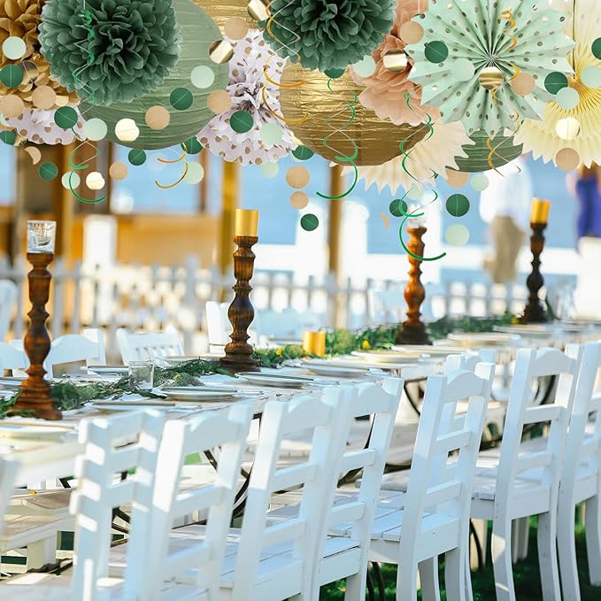 23PCS Sage Green Party Decoration,Green Paper Lanterns Fans,Pom Poms Flowers,Hanging Party Garland for Women Girls Boys Adults Birthday Party,Wedding,Baby Shower,Bridal Shower Party Decor