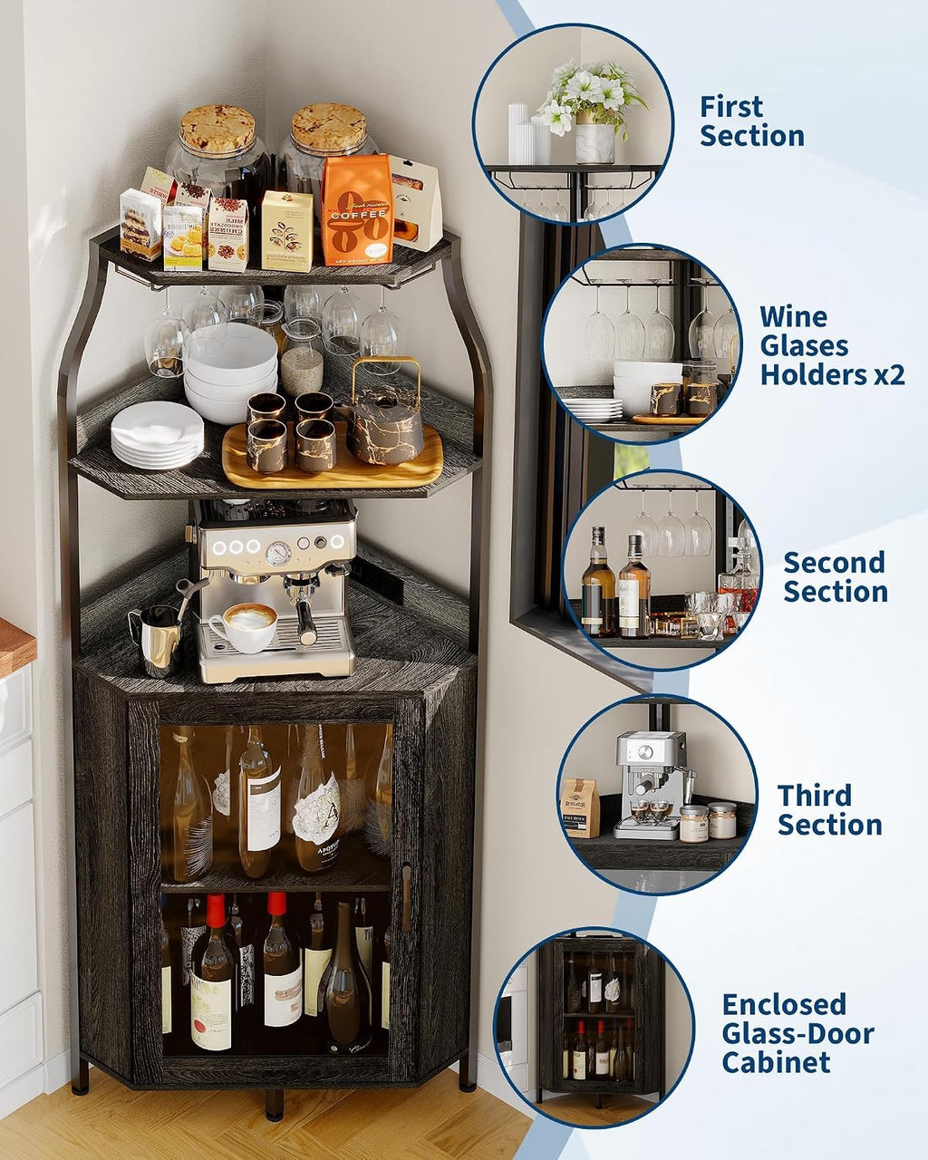 Garvee Corner Bar Cabinet with Power Outlet, Industrial Wine Cabinet with LED Strip and Glass Holder, 5-Tiers Liquor Cabinets Bar Unit for Home, Corner Display Cabinets for Small Space