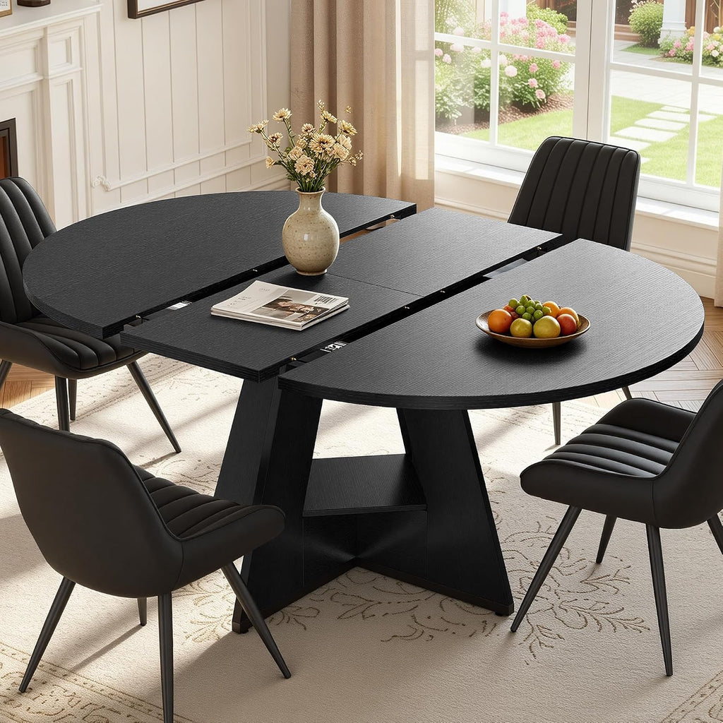 Miereirl Extendable Dining Table Set for 4-6, 47.24"-63" Round to Oval Dining Table Set with Upholstered Chairs, Hidden Storage Shelf, Kitchen & Dining Room Furniture for Apartment