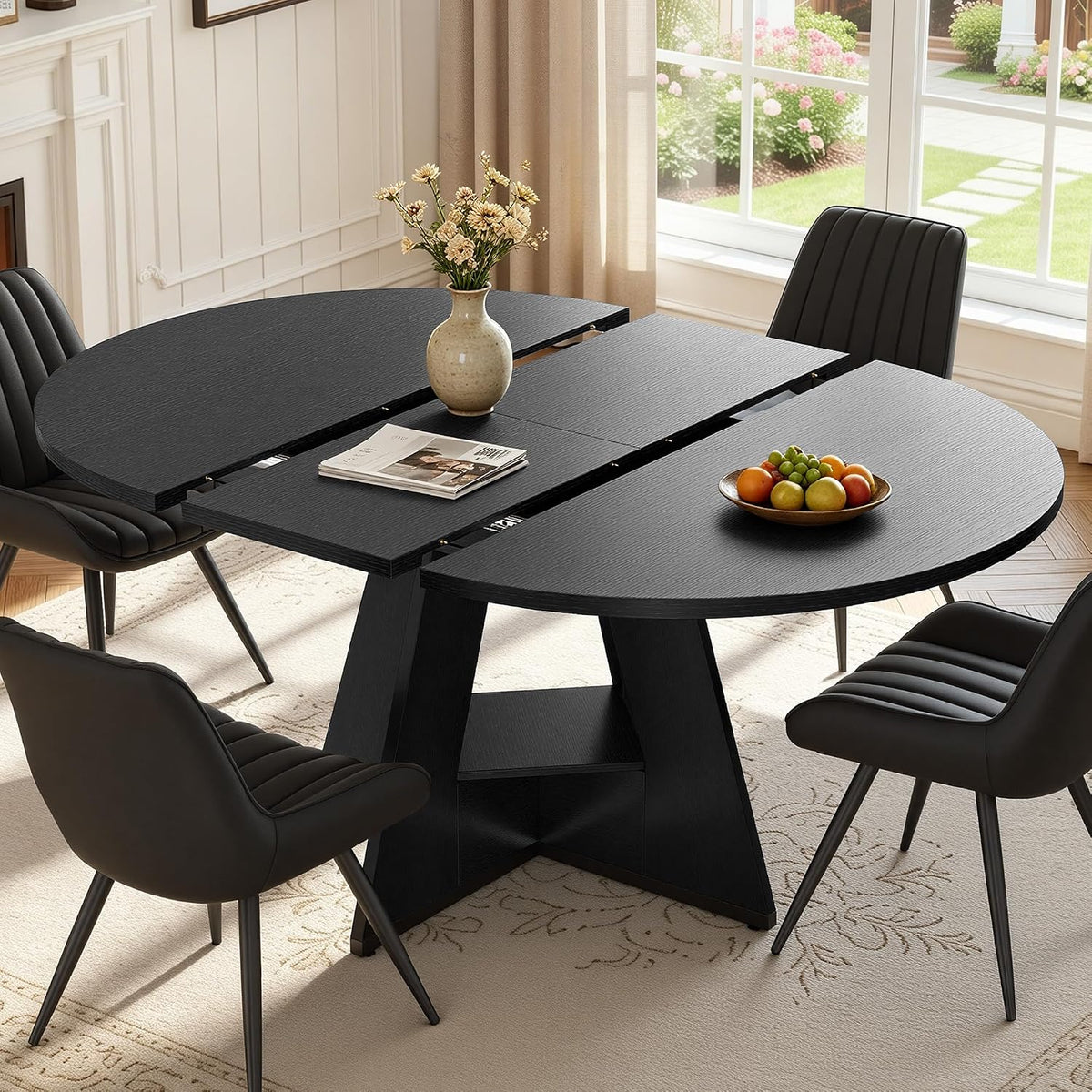 Miereirl Extendable Dining Table Set for 4-6, 47.24"-63" Round to Oval Dining Table Set with Upholstered Chairs, Hidden Storage Shelf, Kitchen & Dining Room Furniture for Apartment