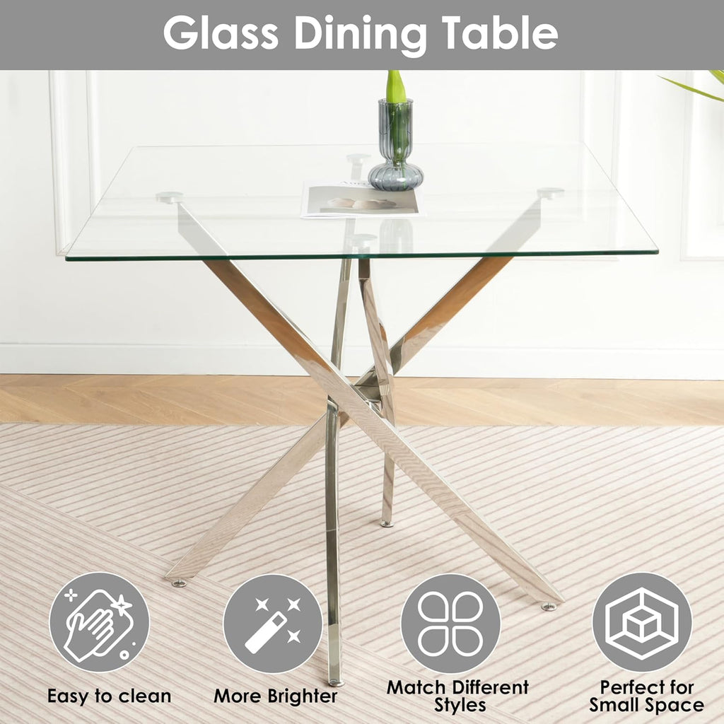 5 Pieces Silver Glass Dining Table Set, Modern Luxury Square Kitchen Table Set for 4, 36'' Clear Minimalist Glass Top Dinner Set, Beige High-end Tufted Chairs, for Small Place Living Room