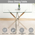 5 Pieces Silver Glass Dining Table Set, Modern Luxury Square Kitchen Table Set for 4, 36'' Clear Minimalist Glass Top Dinner Set, Beige High-end Tufted Chairs, for Small Place Living Room