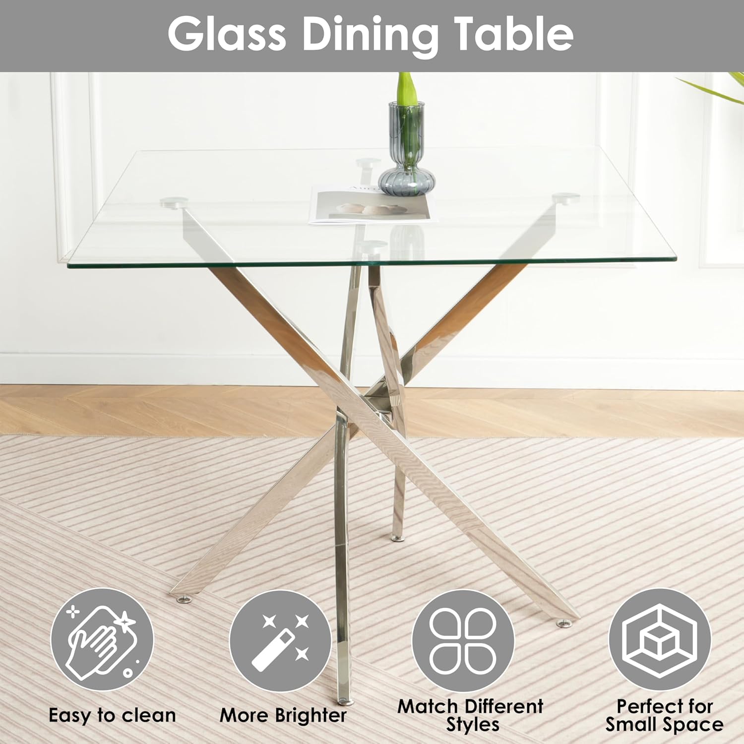 5 Pieces Silver Glass Dining Table Set, Modern Luxury Square Kitchen Table Set for 4, 36'' Clear Minimalist Glass Top Dinner Set, Beige High-end Tufted Chairs, for Small Place Living Room
